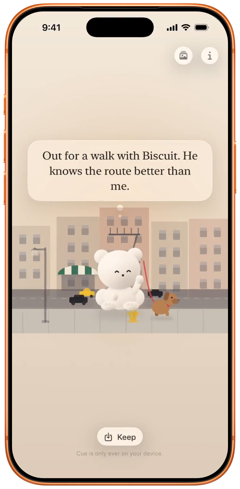 Cue walking Biscuit the dog down a city street on an iPhone