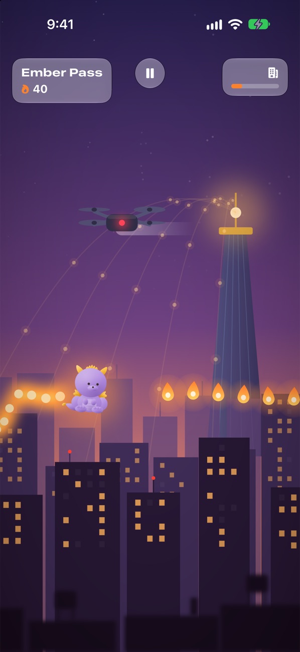 Ember Pass: the little dragon over the rooftops, a drone carrying a light away towards the Tinker's tower