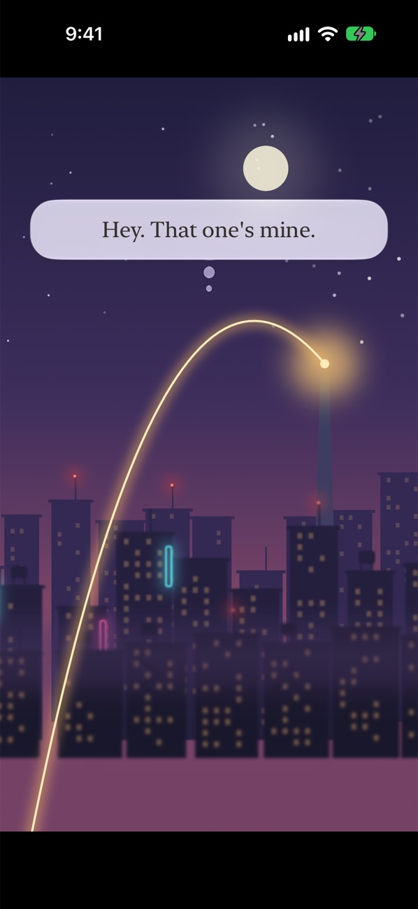 The glowing thread of Cue's lamp arcing over the night city towards the tower, Cue saying: Hey. That one's mine.