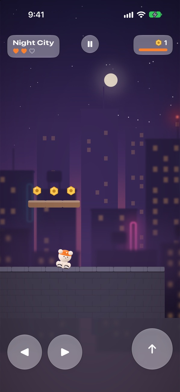 Night City: Cue on a rooftop wall under the moon, three screws floating over a plank above him