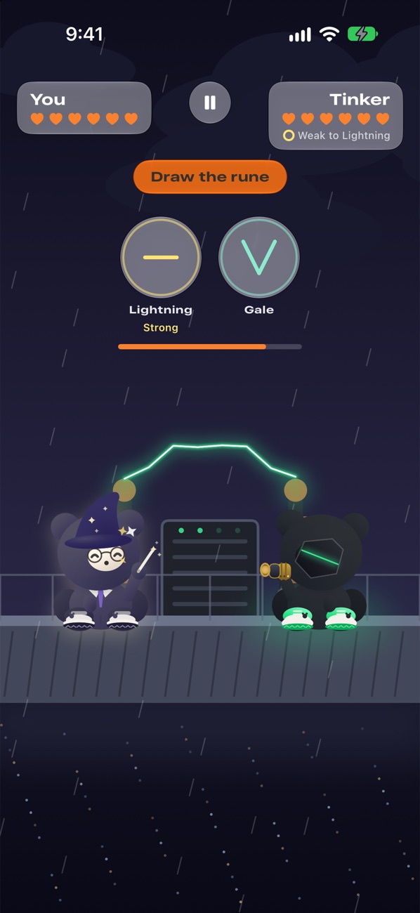The duel on the tower deck in the rain: Cue as a wizard facing the Tinker, two runes to draw, Lightning and Gale