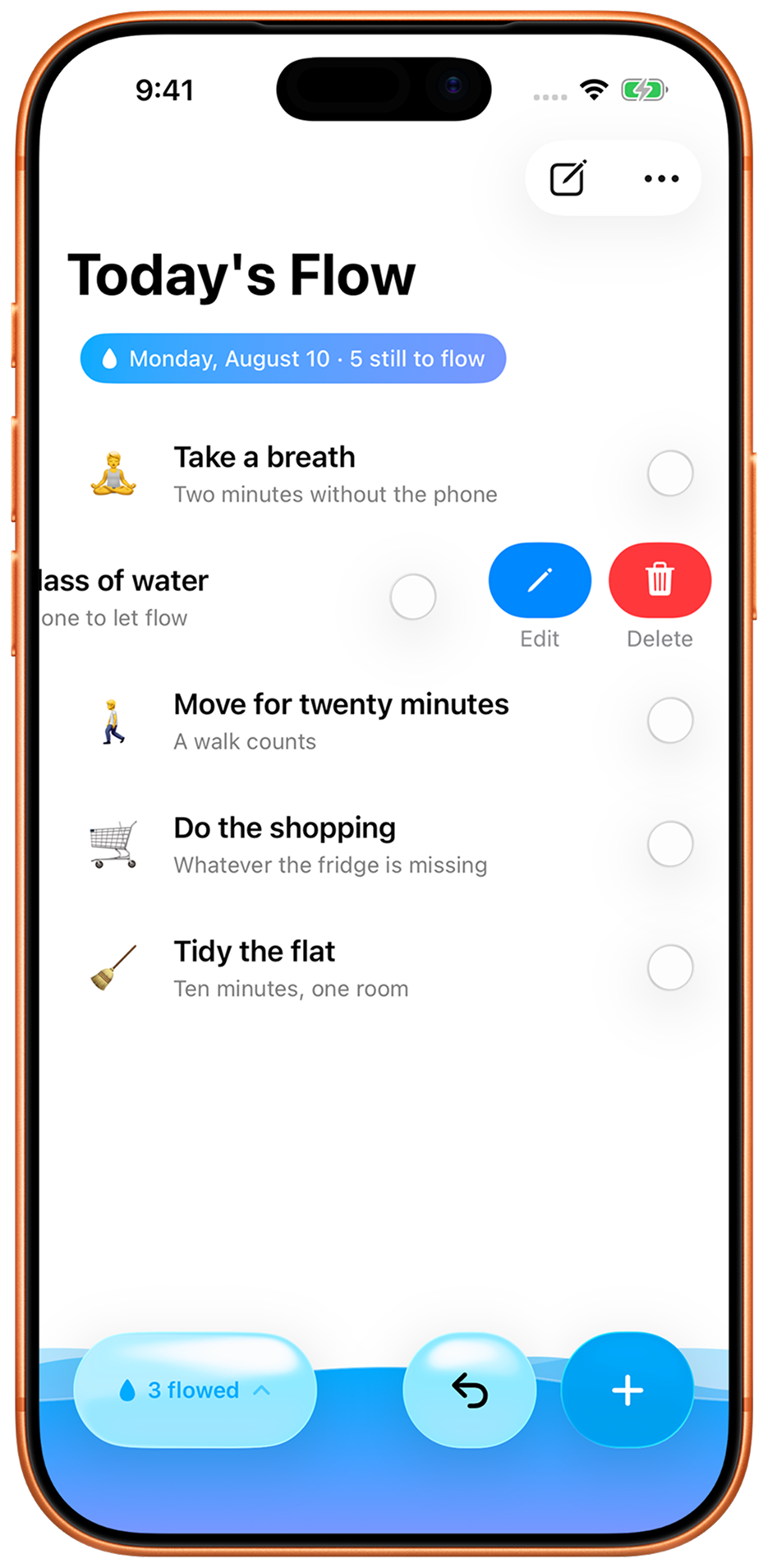 A task swiped open, showing edit and delete